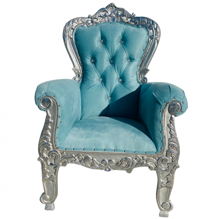 Silver and baby blue kid throne chair LadyB Rental Torrance CA